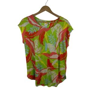 C&C California Linen Tropical Leaf Print Top Large Multicolor Resort Colorful
